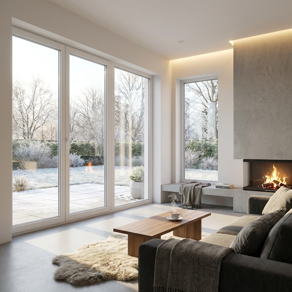 Modern nappali nagy ablakokkal